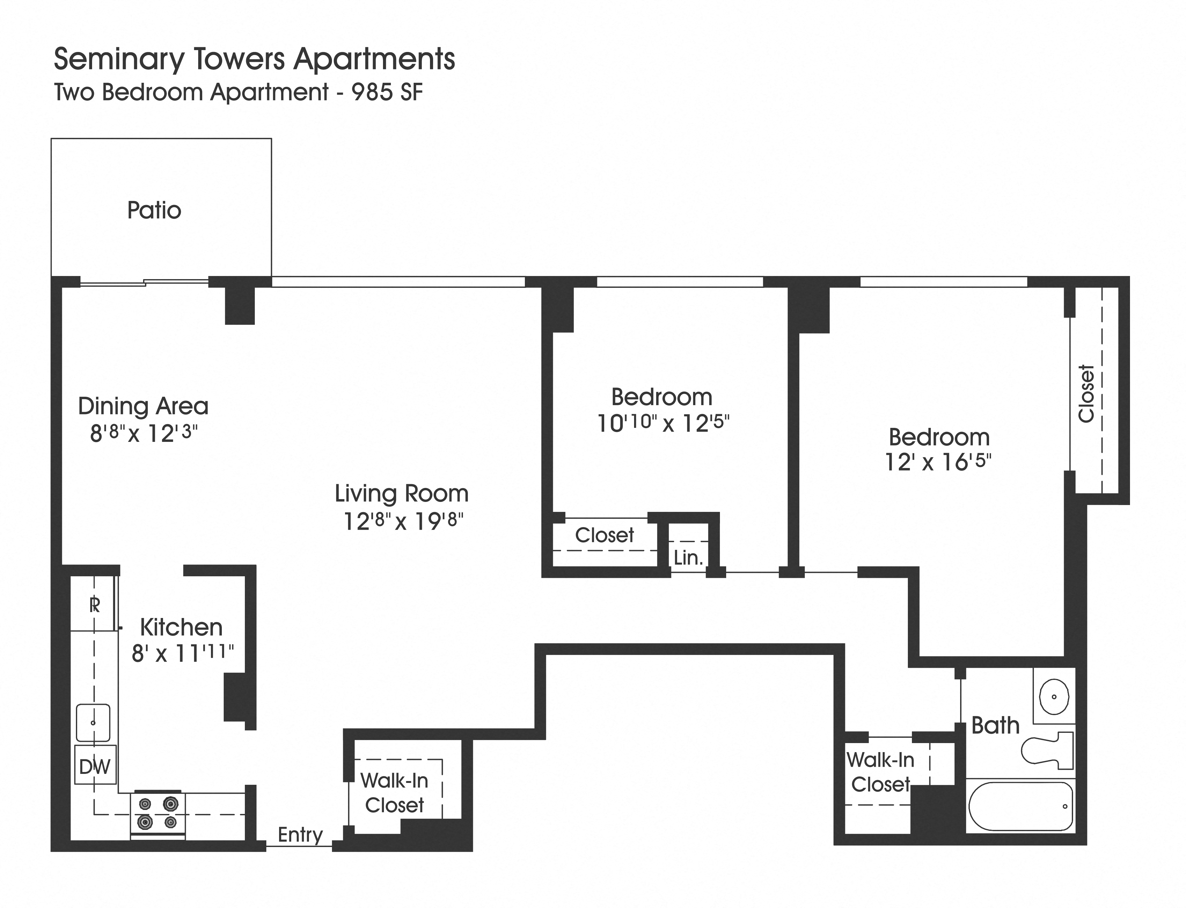 Floor plan for 2 beds, 1 bath, 985 sqft